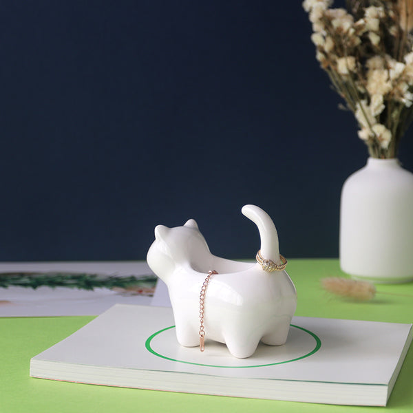 Ceramic Cat Figurine Jewelry Ring Holder Trinket Dish for wedding ring engagement ring