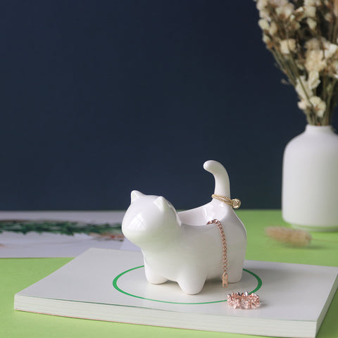 Ceramic Cat Figurine Jewelry Ring Holder Trinket Dish for wedding ring engagement ring